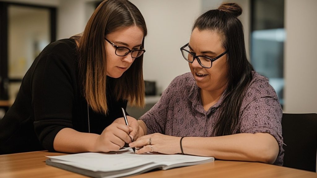 support worker helping woman to write